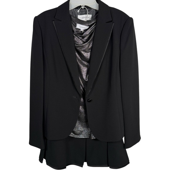 Calvin Klein Womens Black 2PC A-line Pleated Skirt Jacket Blazer Suit Set Sz 12P - Picture 1 of 16